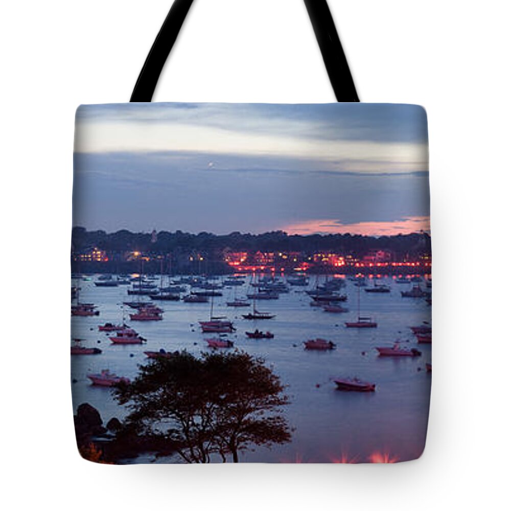 Marblehead Harbor Tote Bag featuring the photograph Panoramic of the Marblehead Illumination by Jeff Folger