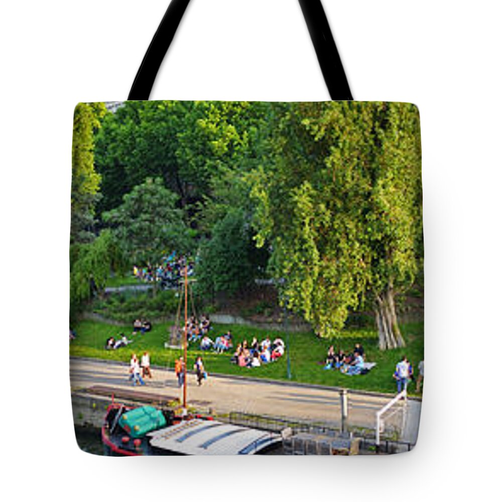 Paris Tote Bag featuring the photograph Panoramic of the Seine River Beautiful day by Toby McGuire