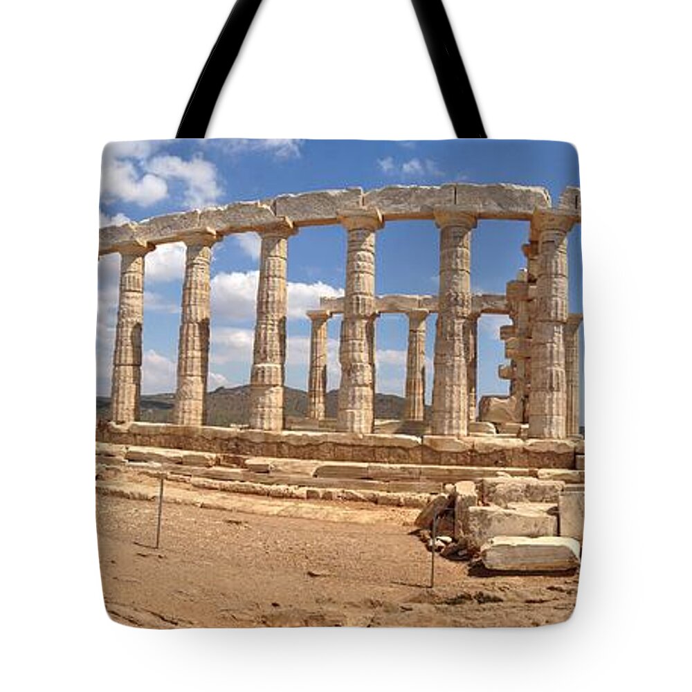 Temple Of Poseidon Tote Bag featuring the photograph Panoramic Of The Temple Of Poseidon by Denise Railey