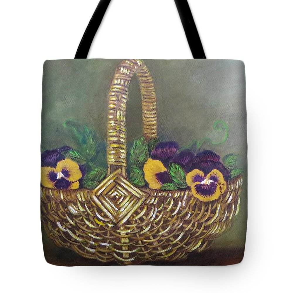 Woven Basket Tote Bag featuring the painting Pansy Basket Sherry Nelson study by Sharon Schultz