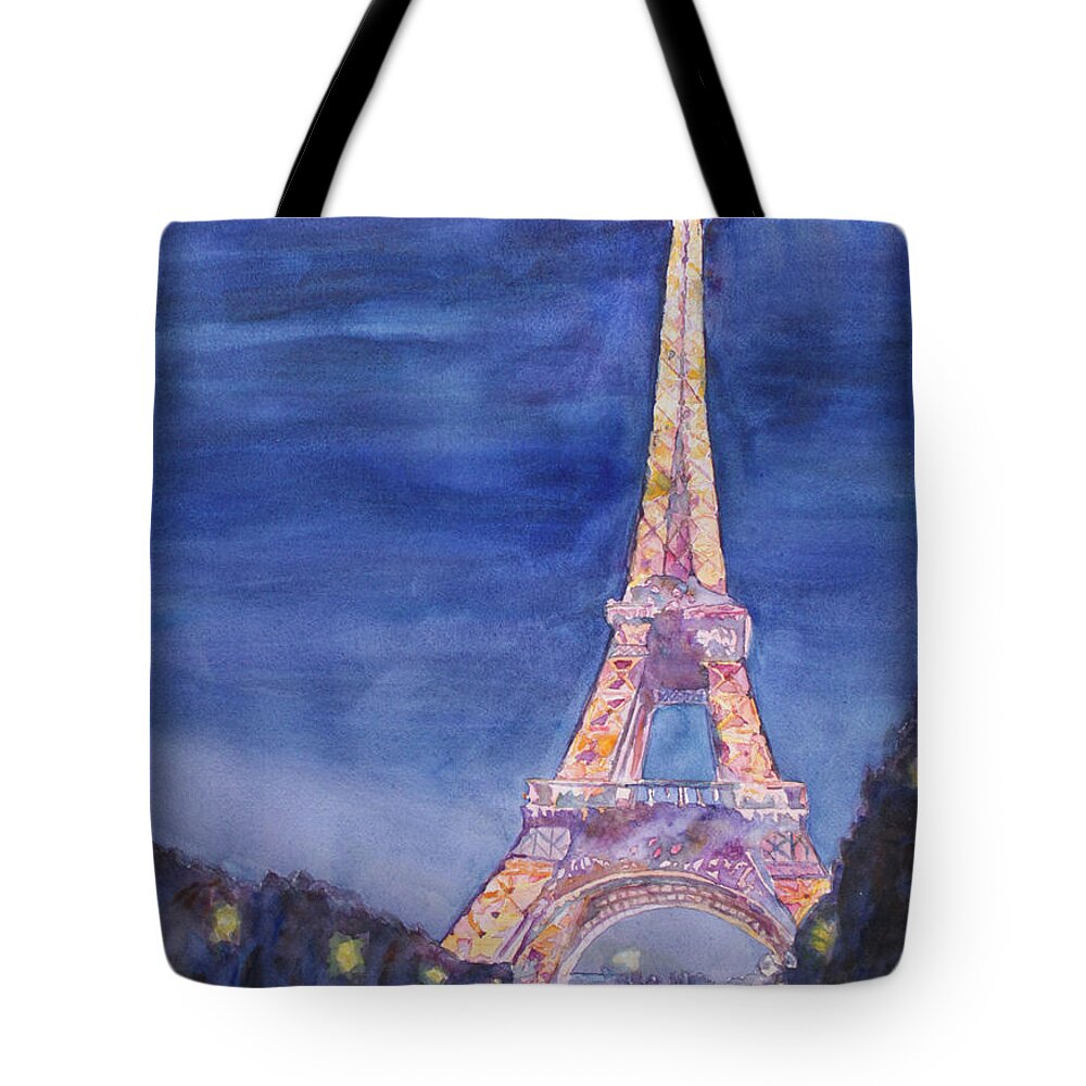 Paris Giant Watercolor Eiffel Tower Night Lighted Blue Gold Yellow Drama Dramatic Time Evening Wet Rain Rainy Dark France Tote Bag featuring the painting Paris Giant by Jenny Armitage
