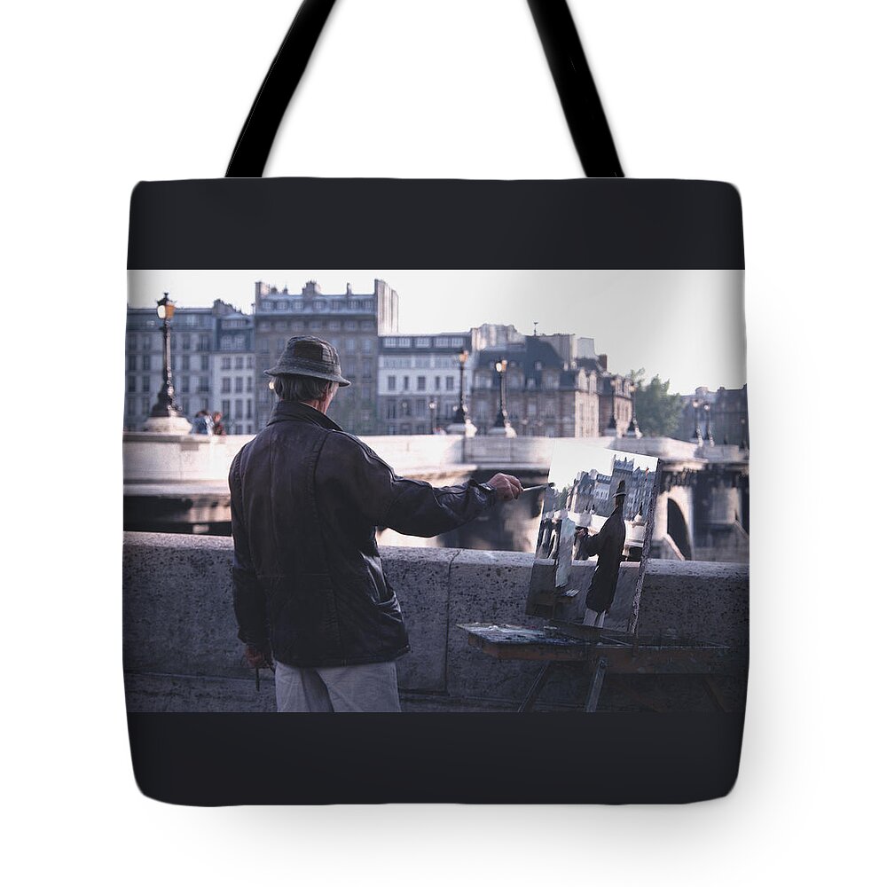Seine Tote Bag featuring the photograph Paris Painter Inspiration Magritte by Tom Wurl