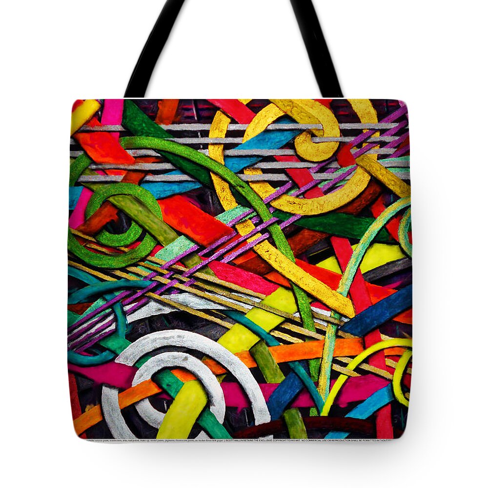 Colorful Tote Bag featuring the painting Particle Track Twenty Five by Scott Wallin