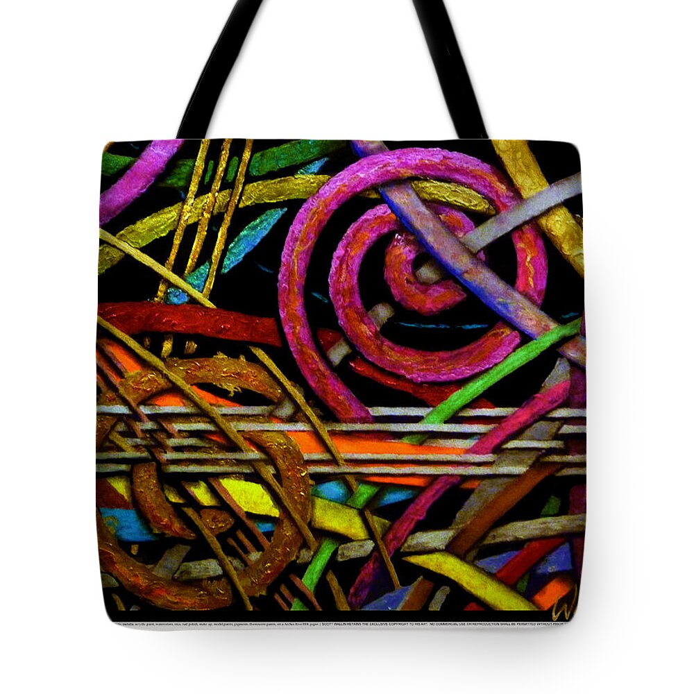 Brilliant Color Abstraction Tote Bag featuring the painting Particle Track Twenty Seven by Scott Wallin