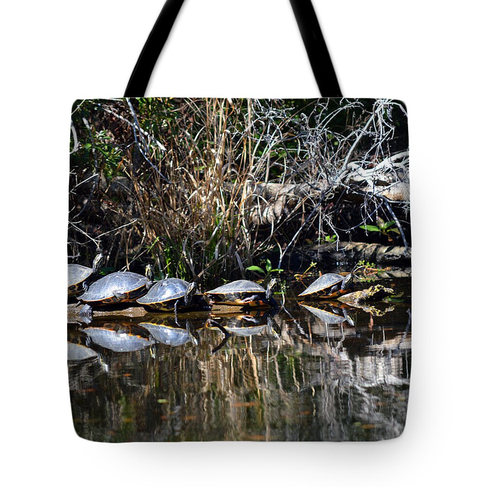 Turtle Tote Bag featuring the photograph Party on a Log by Linda Kerkau