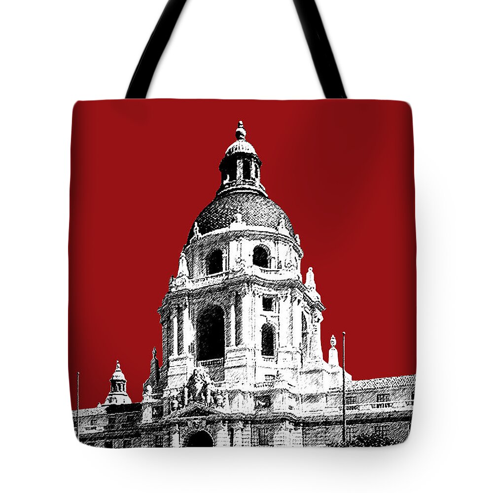 Architecture Tote Bag featuring the digital art Pasadena Skyline - Dark Red by DB Artist