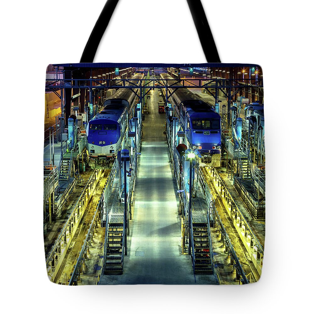 Tranquility Tote Bag featuring the photograph Passenger Train Maintenance Yard At by Hal Bergman