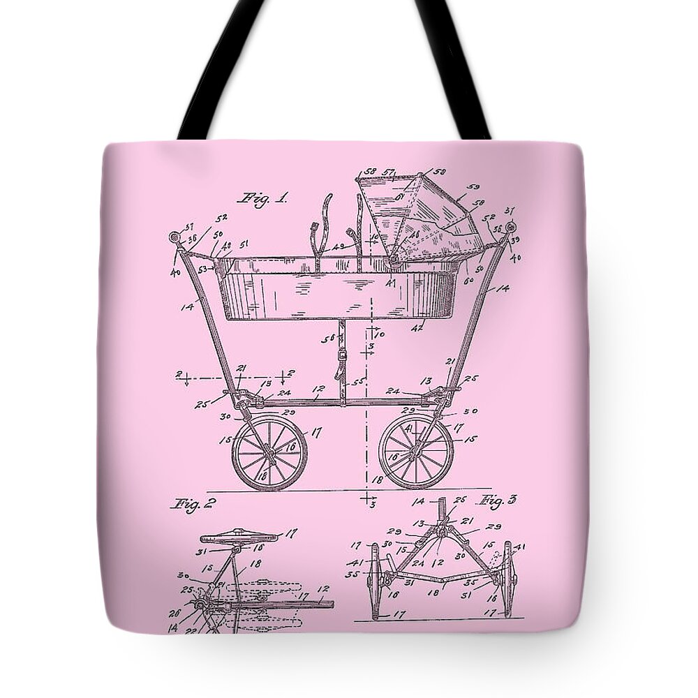 Baby Carriage Tote Bag featuring the digital art Patent Art Baby Carriage 1922 Mahr Design Pink by Lesa Fine
