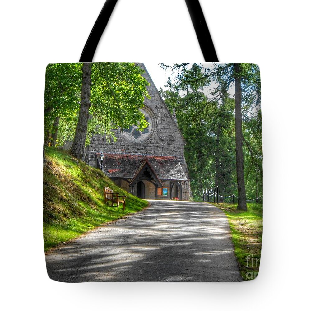 Crathie Church Tote Bag featuring the photograph Pathway To Crathie Church by Joan-Violet Stretch