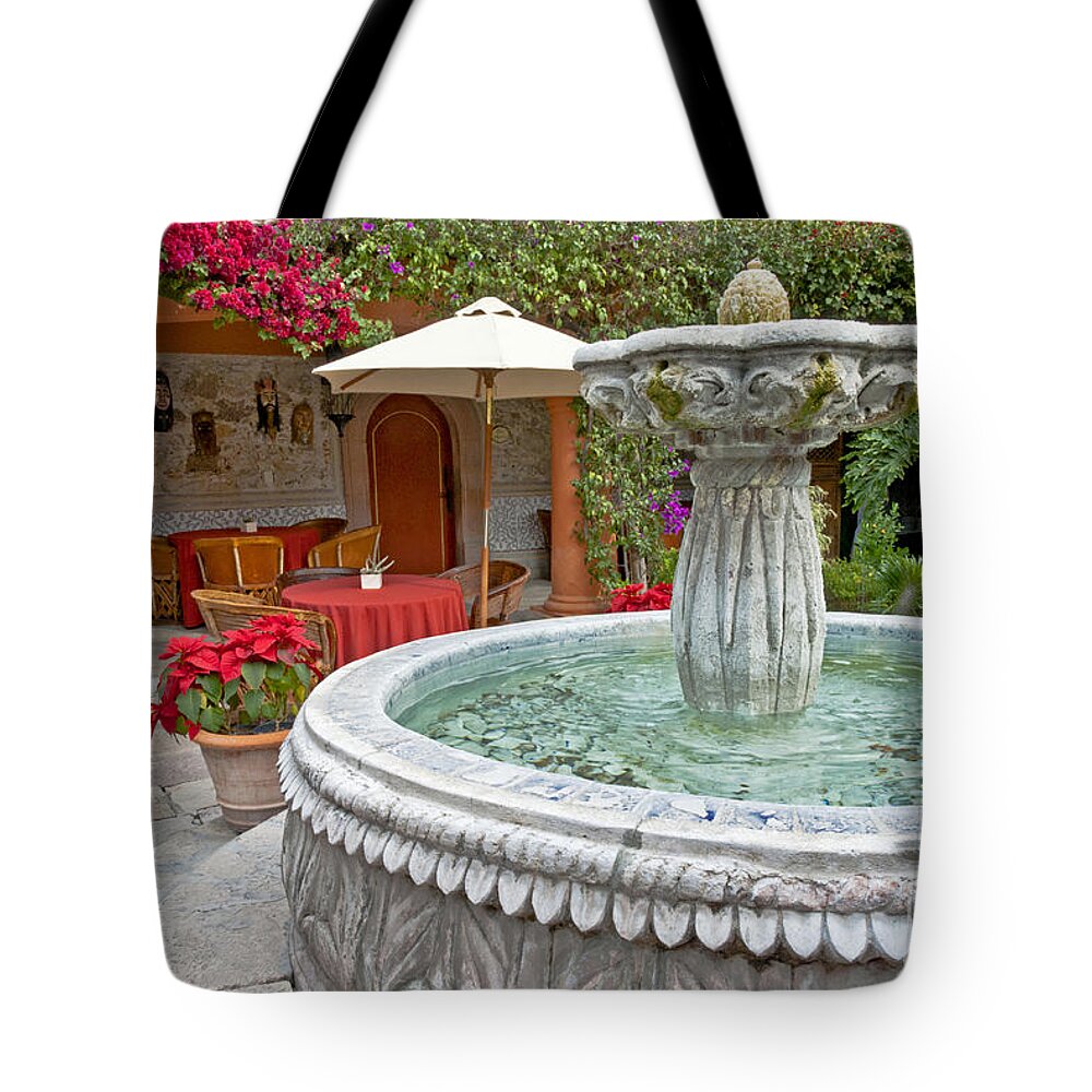 Patio Tote Bag featuring the photograph Patio And Fountain by Richard & Ellen Thane
