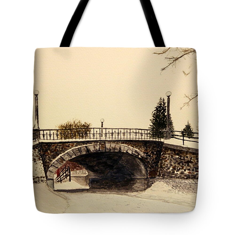 Snow Tote Bag featuring the painting Patterson Creek Bridge by Betty-Anne McDonald