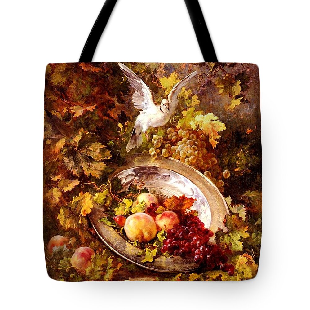 Still Life Tote Bag featuring the painting Peaches and Grapes With A Dove - Bourland - 1875 by Pam Neilands