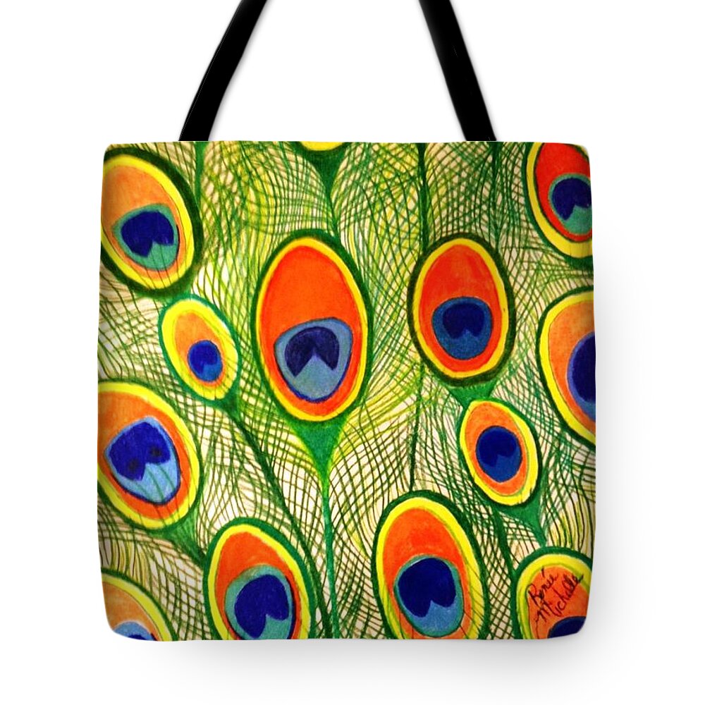 Peacock Feathers Tote Bag featuring the drawing Peacock Feather Frenzy by Renee Michelle Wenker