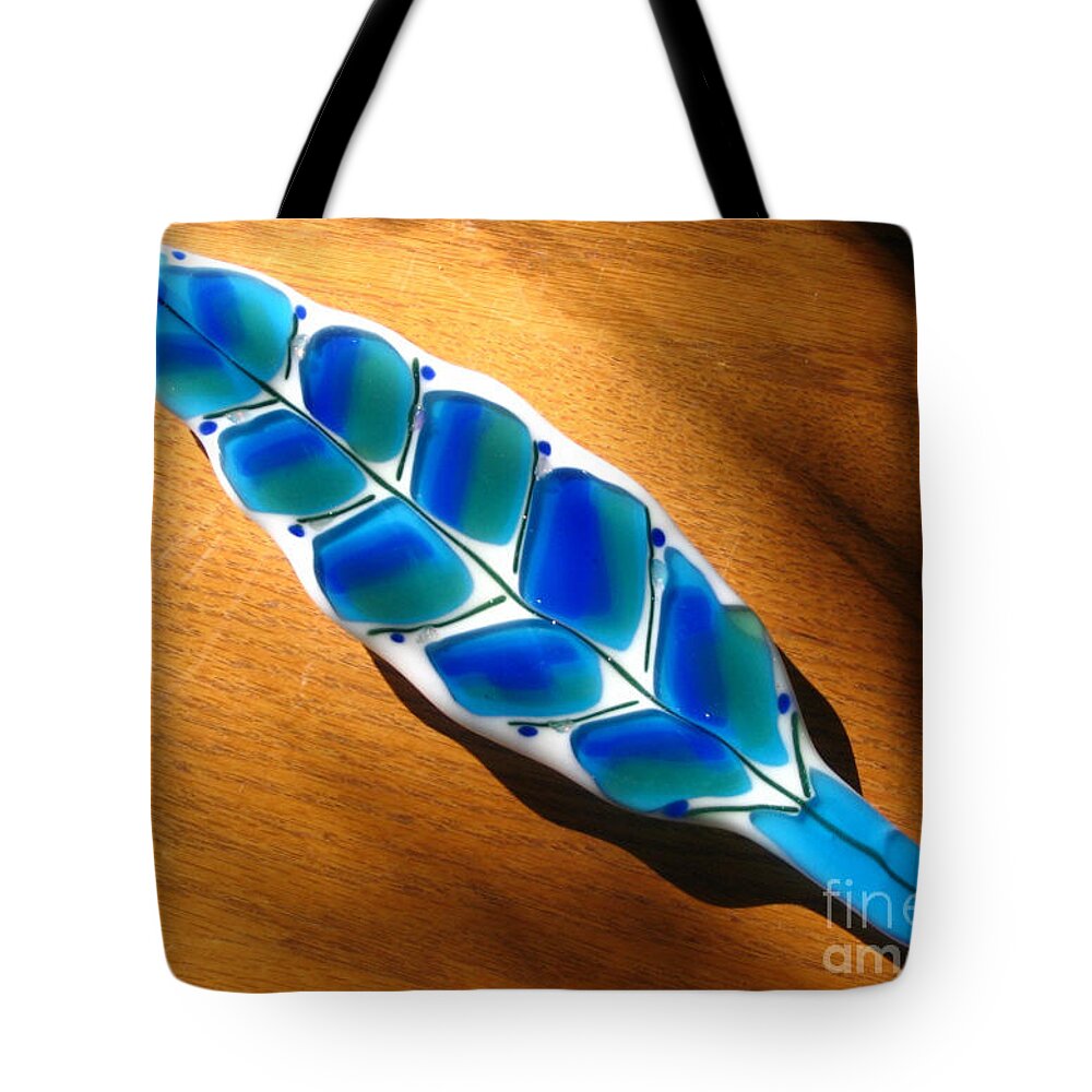 Kiln Fused Art Glass Tote Bag featuring the glass art Peacock Fused Glass Leaf by Donna Spencer