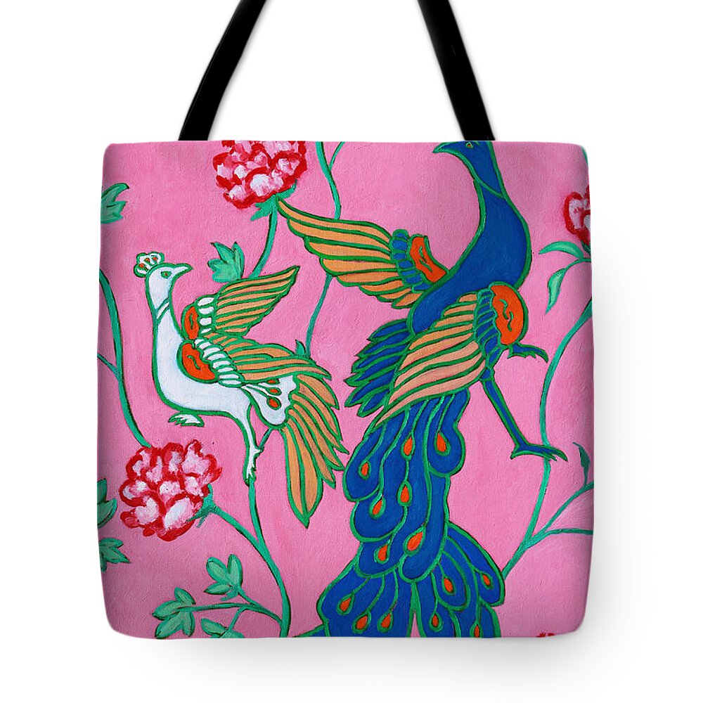 Peacock Tote Bag featuring the painting Peacocks Flying Southeast by Xueling Zou