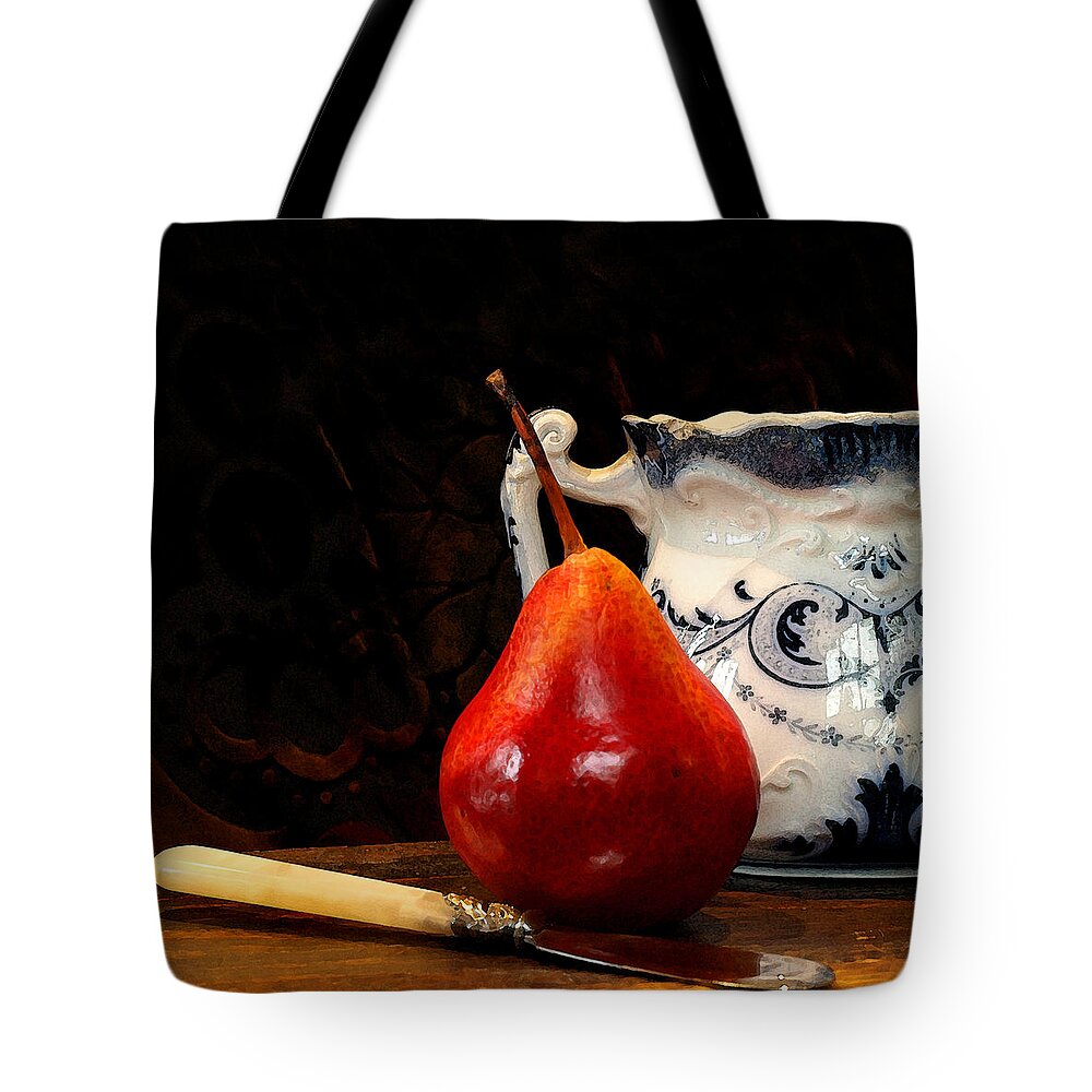 Pear Tote Bag featuring the photograph Pear Pitcher Knife by Karen Lynch
