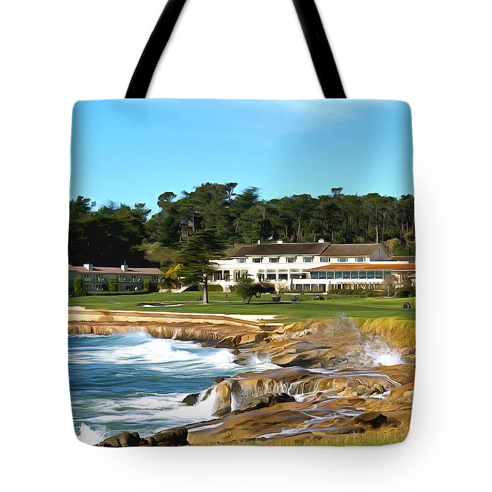 Barbara Snyder Tote Bag featuring the painting Pebble Beach Club House by Barbara Snyder