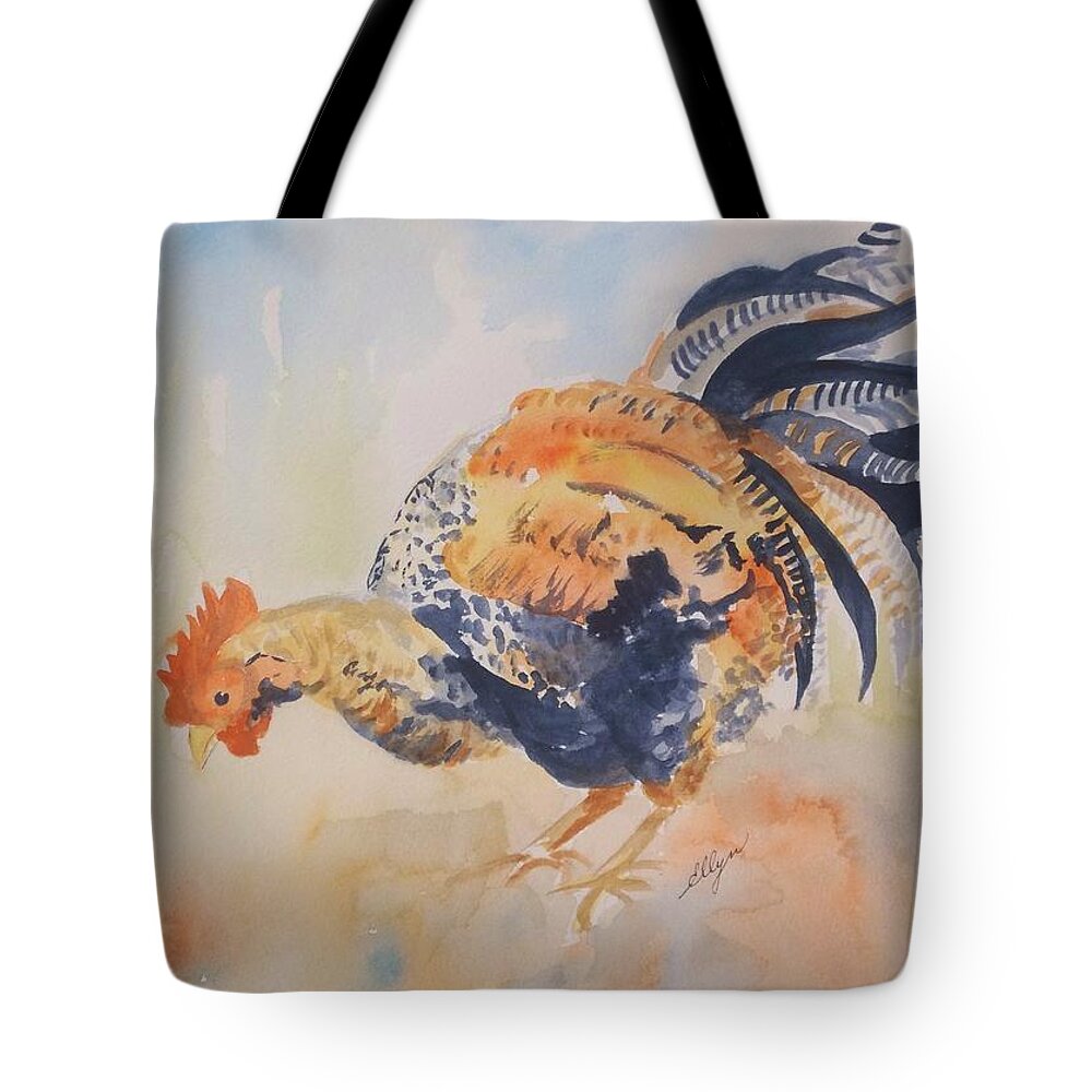 Rooster Tote Bag featuring the painting Pecking by Ellen Levinson