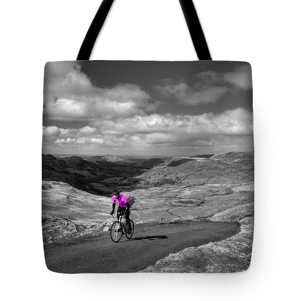 Hardknot Tote Bag featuring the photograph Pedalling the Pass in Pink by Rob Hawkins