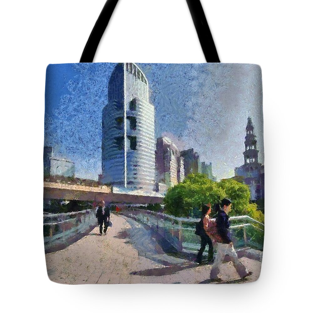 Shanghai; China; Asia; City; People; Walk; Walking; Skyscraper; Skyscrapers; Building; Buildings; Yan' An; Bridge; Pedestrian; Square; Morning; Chinese; East; Eastern; Architecture; Modern; Holidays; Vacation; Travel; Trip; Voyage; Journey; Tourism; Touristic; Blue Sky; Paint; Painting; Paintings Tote Bag featuring the painting Pedestrian bridge in Shanghai by George Atsametakis