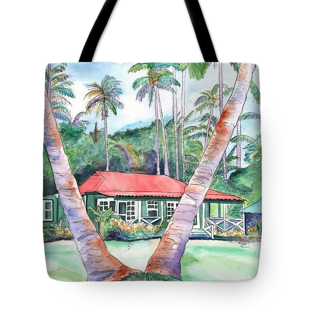 Plantation Cottage Tote Bag featuring the painting Peeking Between the Palm Trees 2 by Marionette Taboniar