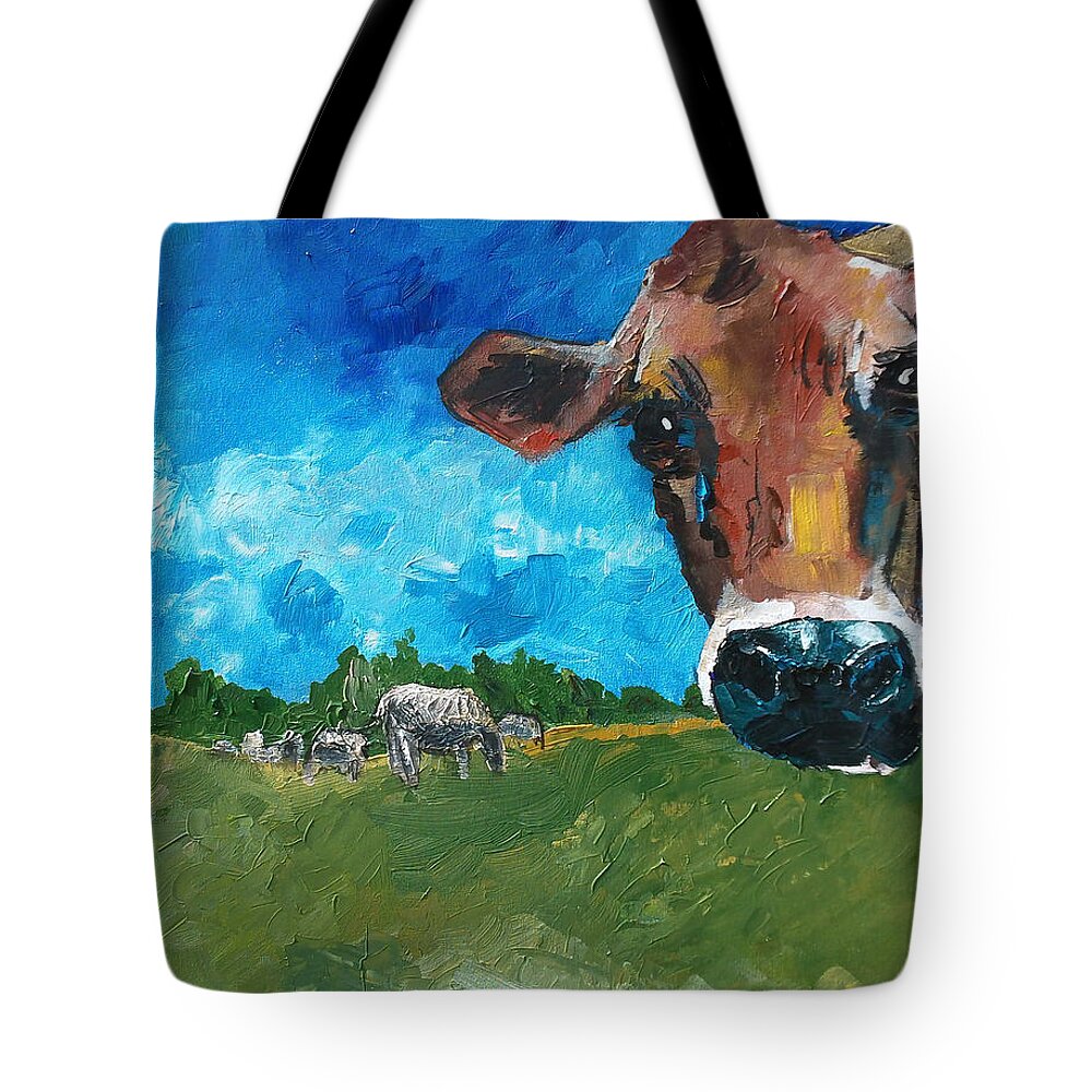 Cow Tote Bag featuring the painting Peeping Bessie by Sean Parnell