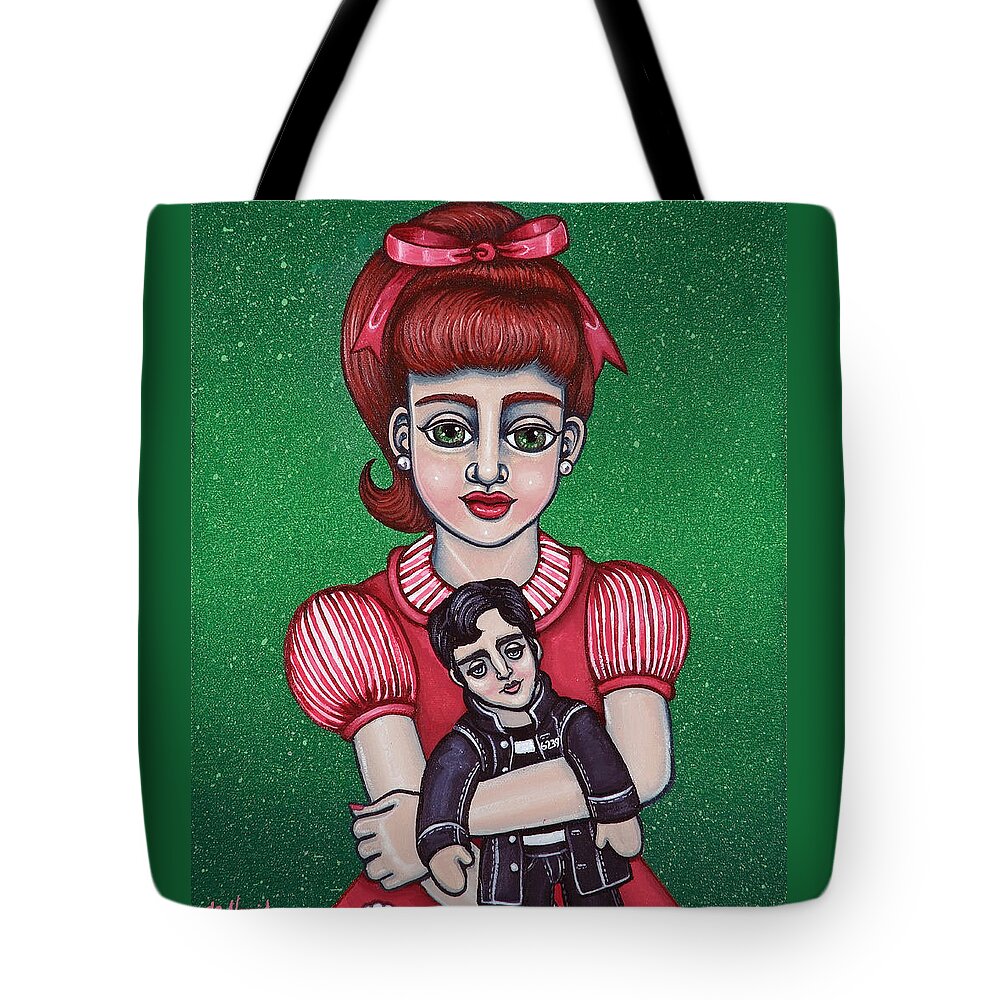 1950s Tote Bag featuring the painting Peggy Sue Holding The King by Victoria De Almeida