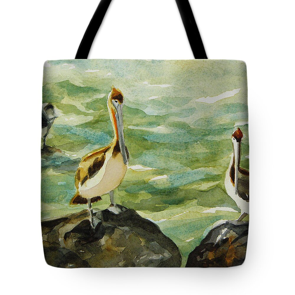Original Watercolors Tote Bag featuring the painting Pelicans by Julianne Felton 9-30-13 by Julianne Felton