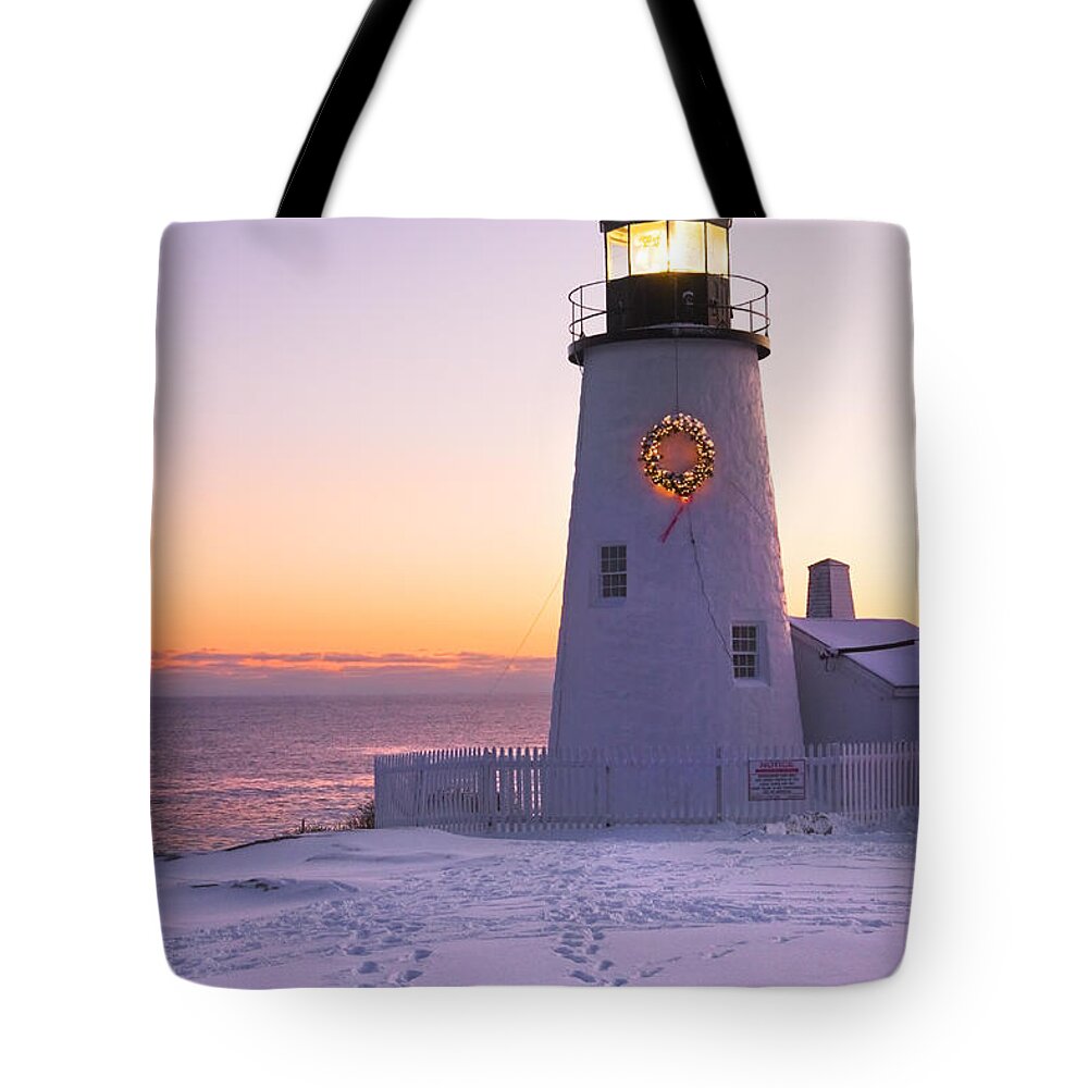 Lighthouse Tote Bag featuring the photograph Pemaquid Point lighthouse Christmas Snow Wreath Maine by Keith Webber Jr