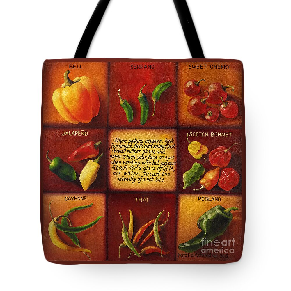 Peppers Tote Bag featuring the painting Pepper Facts by Natalia Astankina