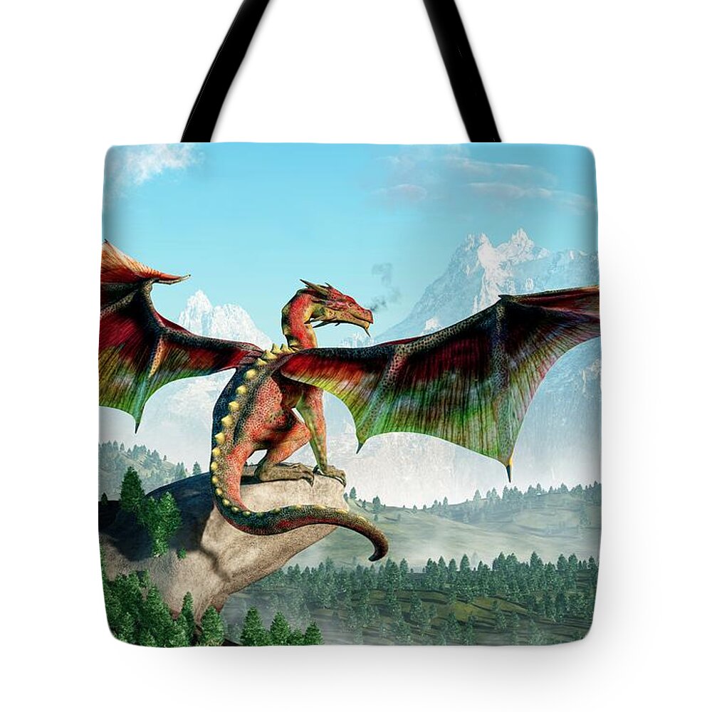 Perched Dragon Tote Bag featuring the digital art Perched Dragon by Daniel Eskridge