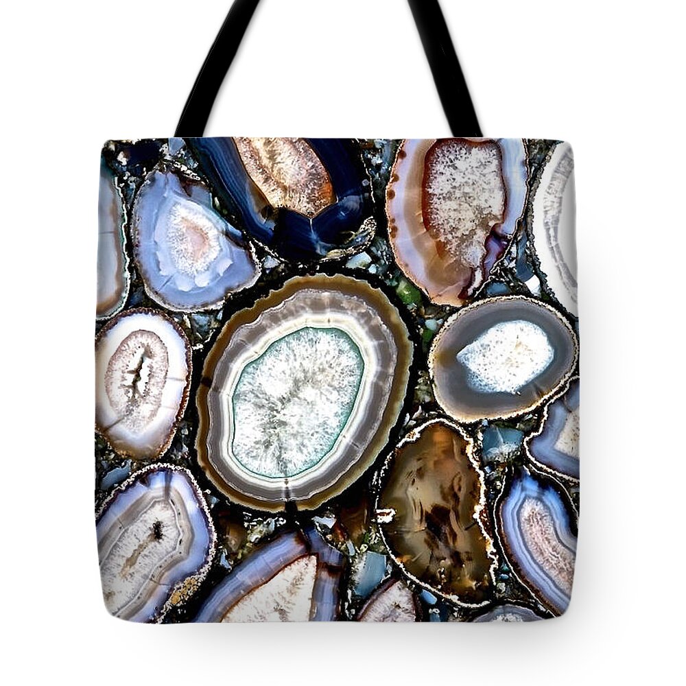 Debra Amerson Tote Bag featuring the photograph Sliced Agate Periwinkle Stones by Debra Amerson