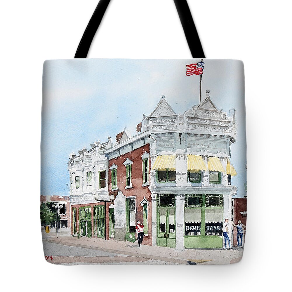 The Perkins Bank Building Is Located In Downtown Coffeyville Tote Bag featuring the painting Perkins Building by Monte Toon