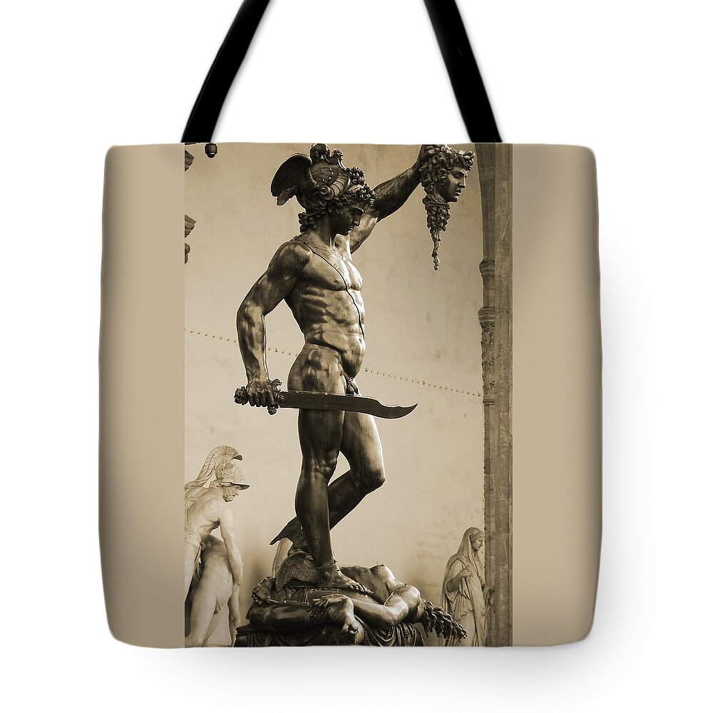 Perseus With The Head Of Medusa Tote Bag featuring the photograph Perseus With the Head of Medusa by Zinvolle Art