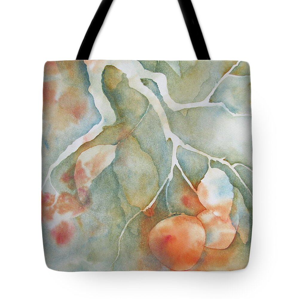 Persimmons Tote Bag featuring the painting Persimmons and fog by Amanda Amend