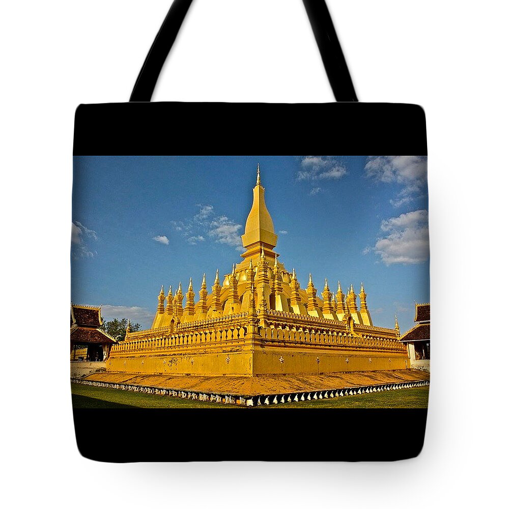 Laos Tote Bag featuring the photograph Temple of Pha That Luang Laos by Venetia Featherstone-Witty