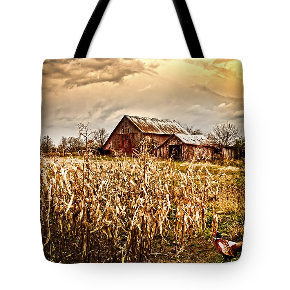 Pheasants Tote Bag featuring the photograph Pheasants Heading For Corn Patch by Randall Branham