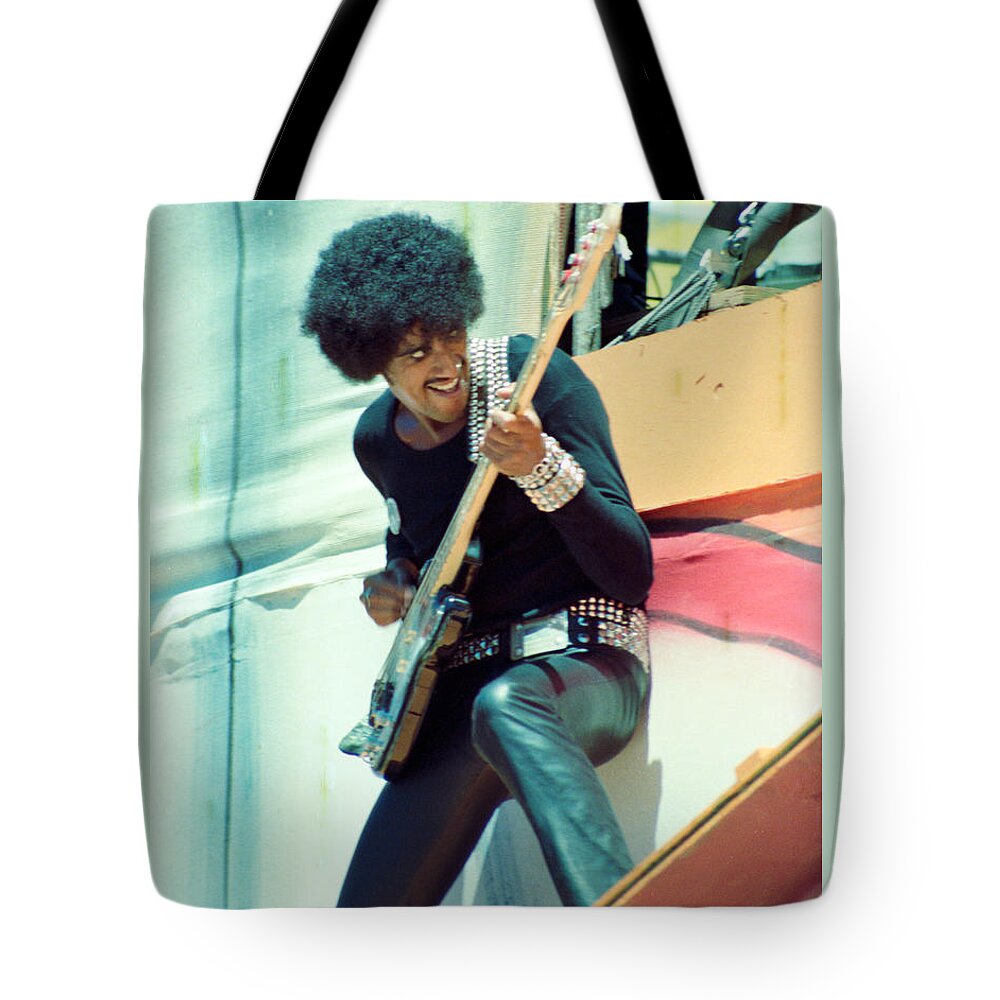 Phil Lynott Tote Bag featuring the photograph Phil Lynott of Thin Lizzy - Black Rose Tour Day on the Green 7-4-79 by Daniel Larsen