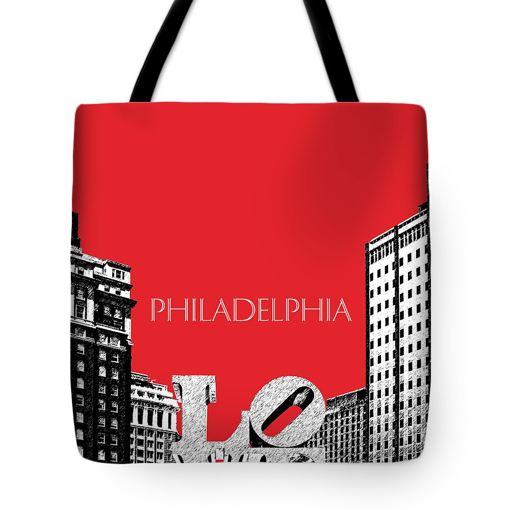 Architecture Tote Bag featuring the digital art Philadelphia Skyline Love Park - Red by DB Artist