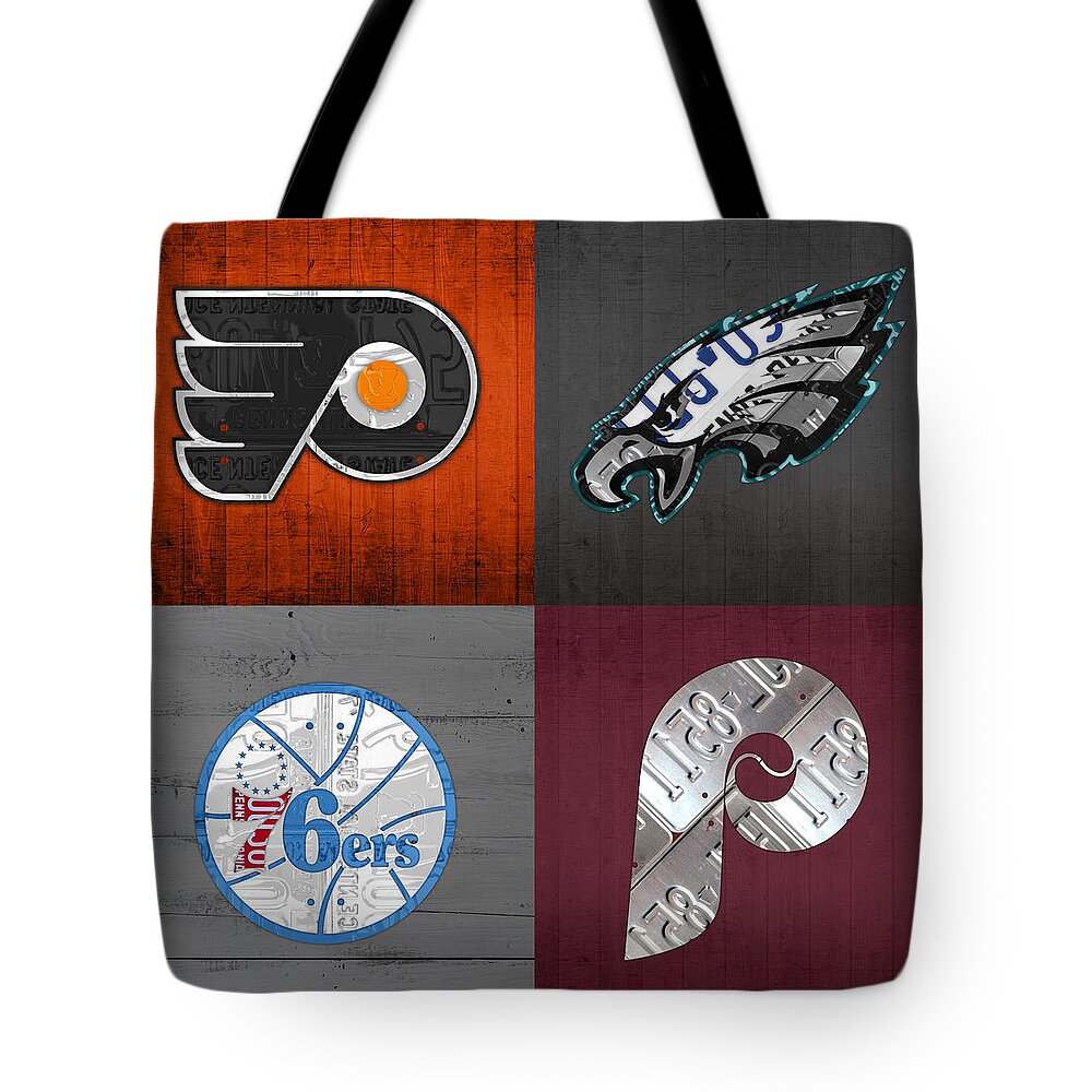 #faatoppicks Tote Bag featuring the mixed media Philadelphia Sports Fan Recycled Vintage Pennsylvania License Plate Art Flyers Eagles 76ers Phillies by Design Turnpike