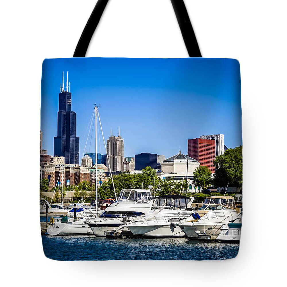 America Tote Bag featuring the photograph Photo of Chicago Skyline with Burnham Harbor by Paul Velgos