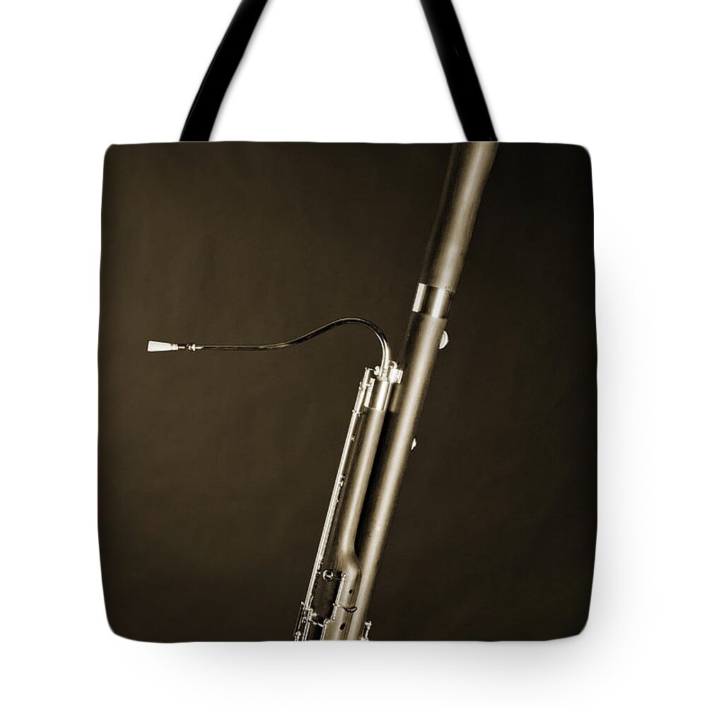 : Bassoon Tote Bag featuring the photograph Bassoon Music Instrument Fine Art Prints Canvas Prints Greeting Cards in Sepia 3408.01 by M K Miller