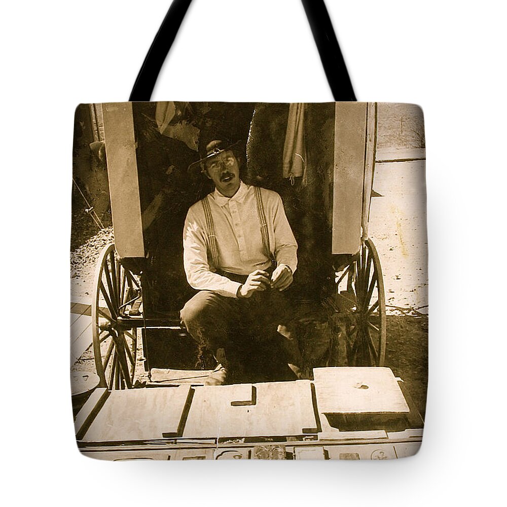 Photography Homage Tintype Photographer Photo Wagon Tombstone Arizona Vignetted Toned Tote Bag featuring the photograph Photography homage Tintype photographer photo wagon Tombstone Arizona vignetted toned by David Lee Guss