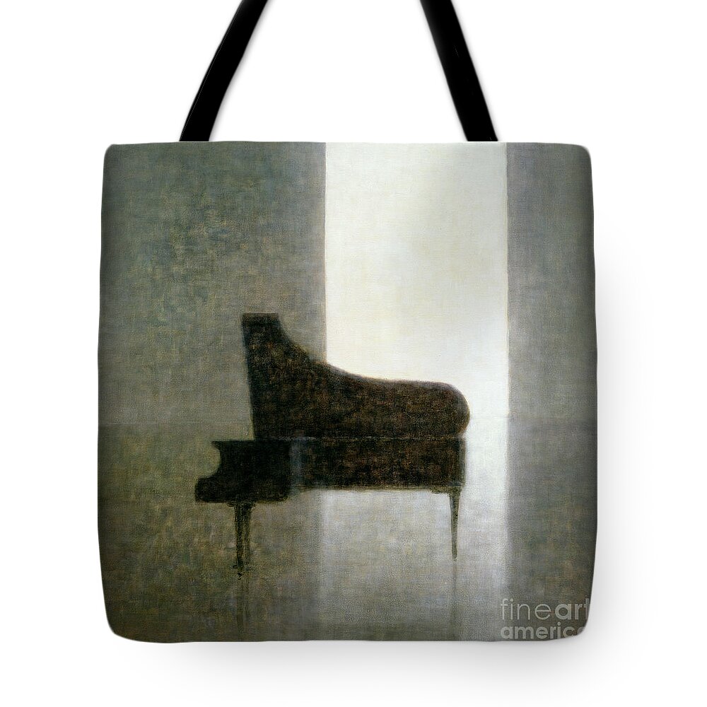Open; Grand; Solitude; Musical Instrument; Empty; Solitary; Shadow; Silhouette; Doorway; Silent; Silence Tote Bag featuring the painting Piano Room 2005 by Lincoln Seligman