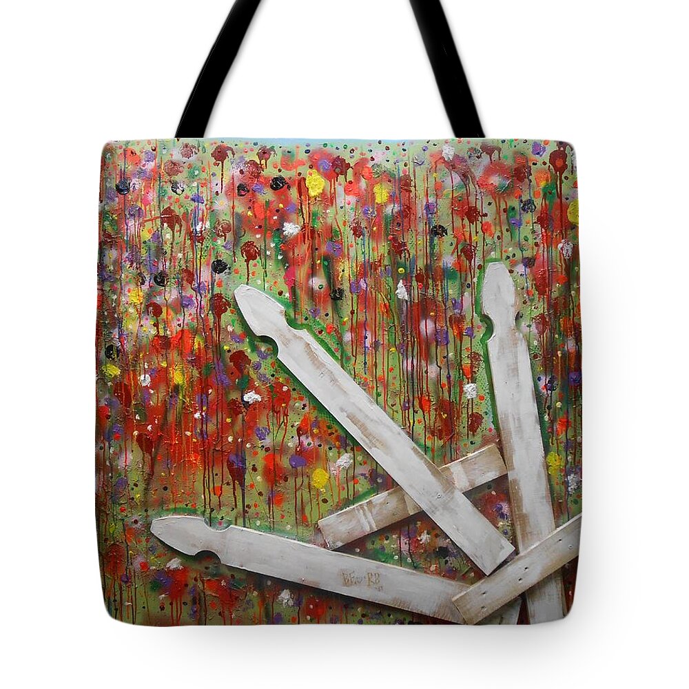 Abstract Tote Bag featuring the painting Picket Fence Flower Garden by GH FiLben