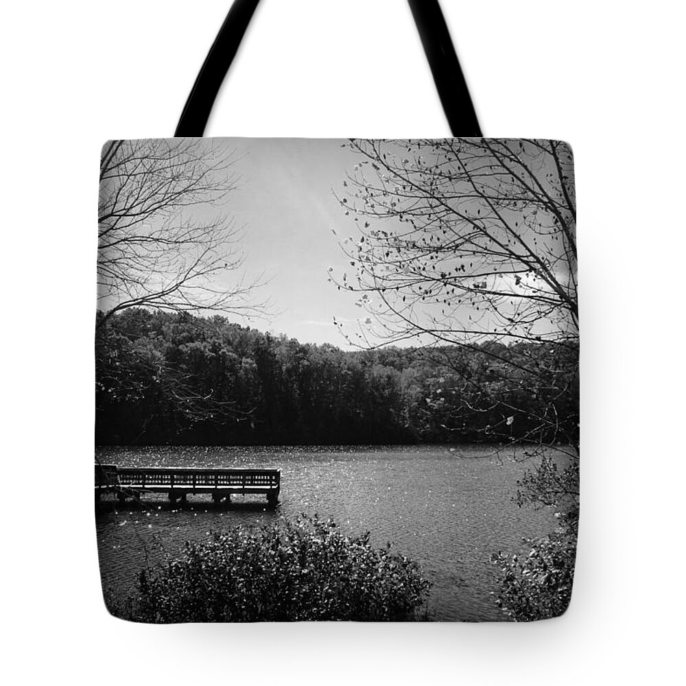Kelly Hazel Tote Bag featuring the photograph Pier at Table Rock in Black and White by Kelly Hazel