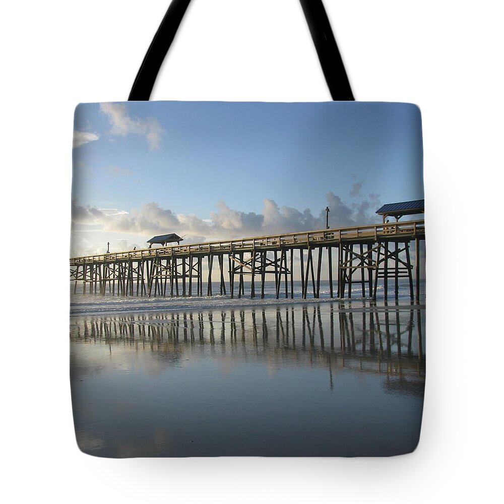 Landscape Tote Bag featuring the photograph Pier Reflection by Ellen Meakin