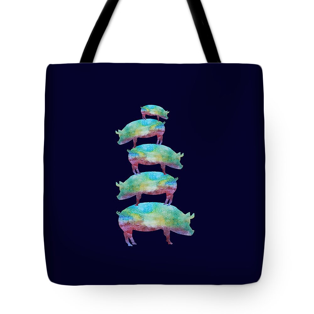 Pig Tote Bag featuring the mixed media Pig Stack by Jenny Armitage