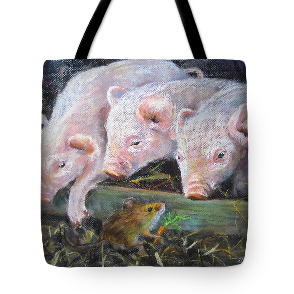 A Little Mouse Tote Bag featuring the painting Pigs VS Mouse by Jieming Wang