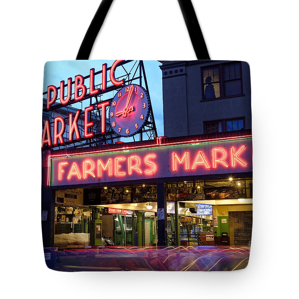 Pike Place Market Tote Bag featuring the photograph Pike Place Market at Dusk - Seattle Washington by Silvio Ligutti